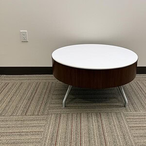 Kimball round table, 30-inch diameter, with a white top and dark wood base, ideal for office or conf.