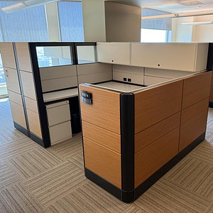 Modern Ethospace veneer cubicle wall with wood finish in office setting.