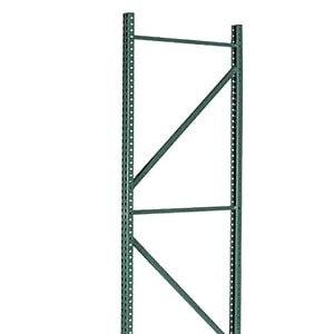 Steel upright for industrial shelving, 2-5ft wide and 8-24ft tall, durable steel construction.