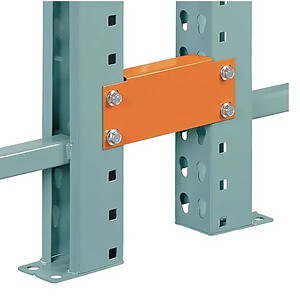 Industrial pallet racking row spacer for warehouse organization and safety.