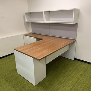 Modern Haworth 5.5x7ft L-shape office desk with storage, ideal for workspace organization.