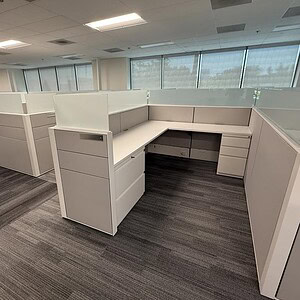 Modern Haworth Compose 6x8x54 white glass office desk with cubicles.