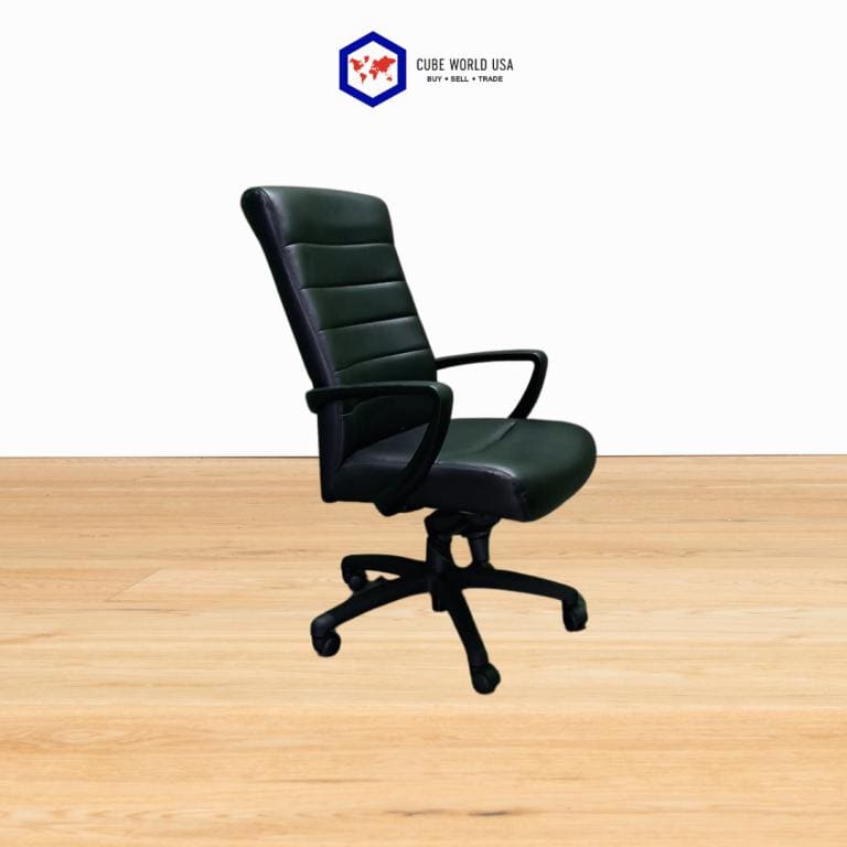 Black high back executive chair with ergonomic design, ideal for office use and professional setting.
