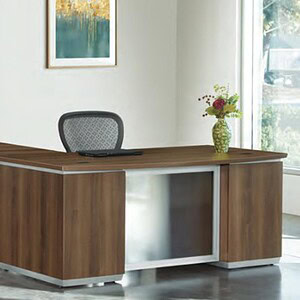 Office desk with bow-shaped design, 6x7.5ft size, available in four finishes. Perfect for executive.