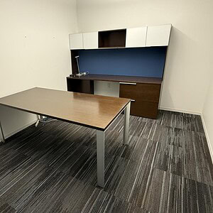 Quality Allsteel executive desk setup with matching hutch and credenza for professional office envir.