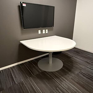 Allsteel 54inWx48inD white top collaboration table with a sleek, modern design, perfect for conferen.