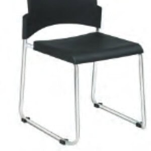 Black sled stack chair with easy-to-clean surface and metal frame.