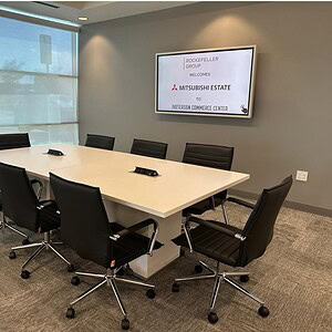 Conference table in tuxedo white, 8-12ft powered, perfect for meetings and corporate events.