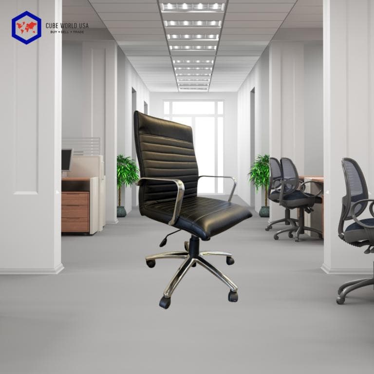 Modern black ribbed office chair with chrome base, inspired by Eames design.
