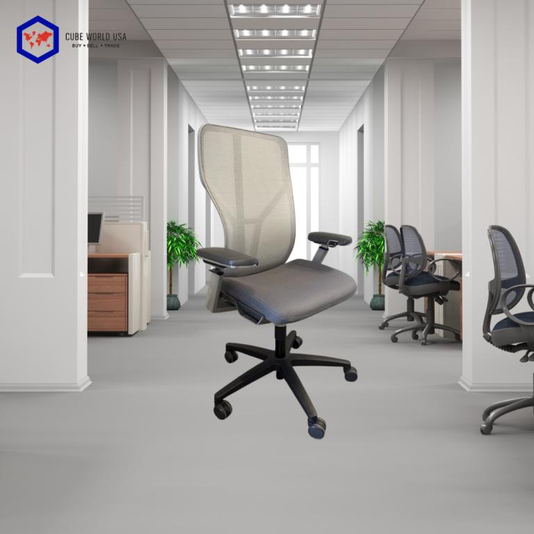 Ergonomic Allsteel Acuity grey office chair with silver back support in modern workspace.