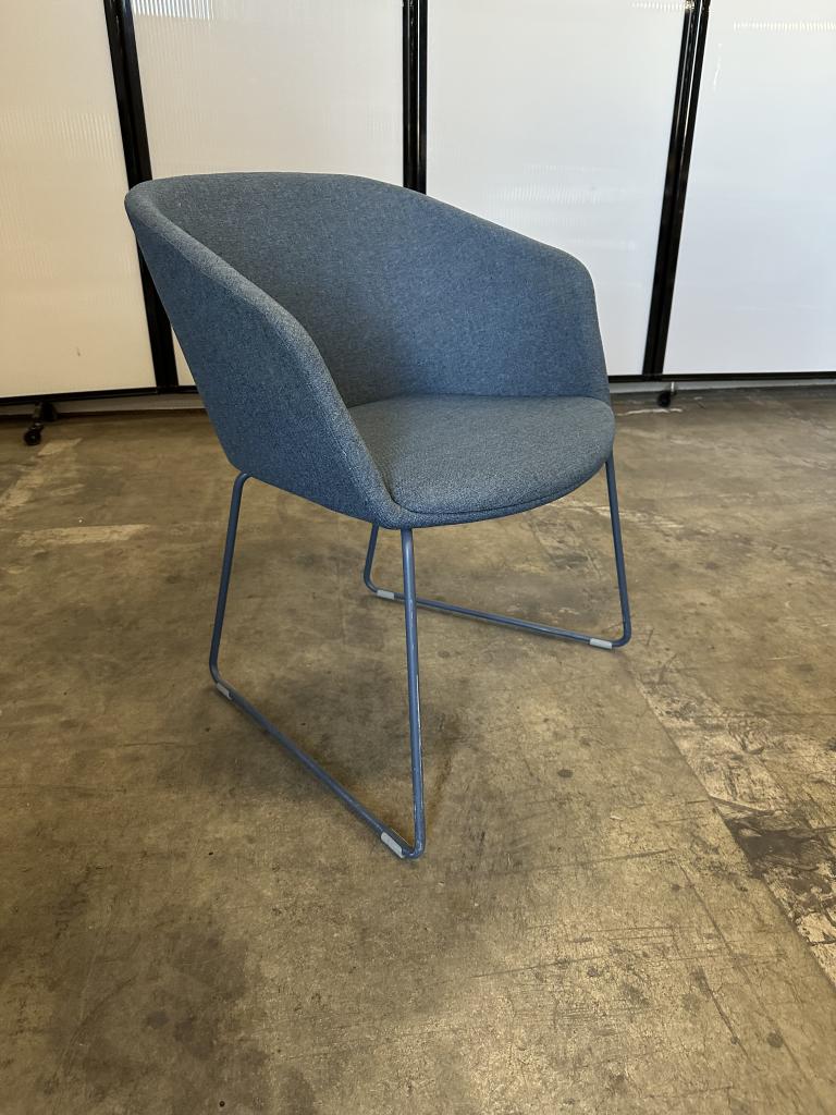 Poppin Pitch blue sled chair metal base