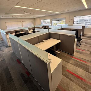 Office cubicles with Haworth Compose Glass 6x6 @54in height, ideal for collaborative workspaces.