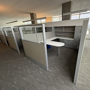 Haworth Compose manager station with glass panels, various sizes, 65" tall, ideal for modern office.