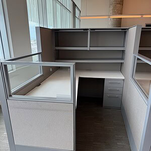Haworth Compose glass L-shape workstation with storage, 65" tall, modern office furniture.
