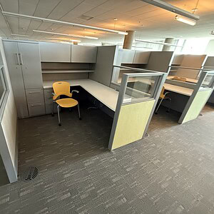 Haworth Compose accented L-shaped office workstation with storage, 65" tall, ideal for modern worksp.