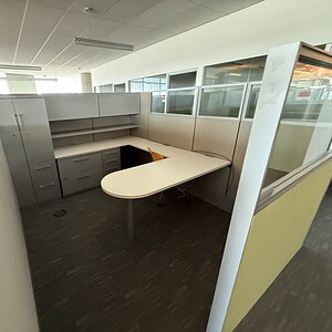 Haworth Compose accented glass-loaded manager station, 65" tall, ideal for modern office environment.