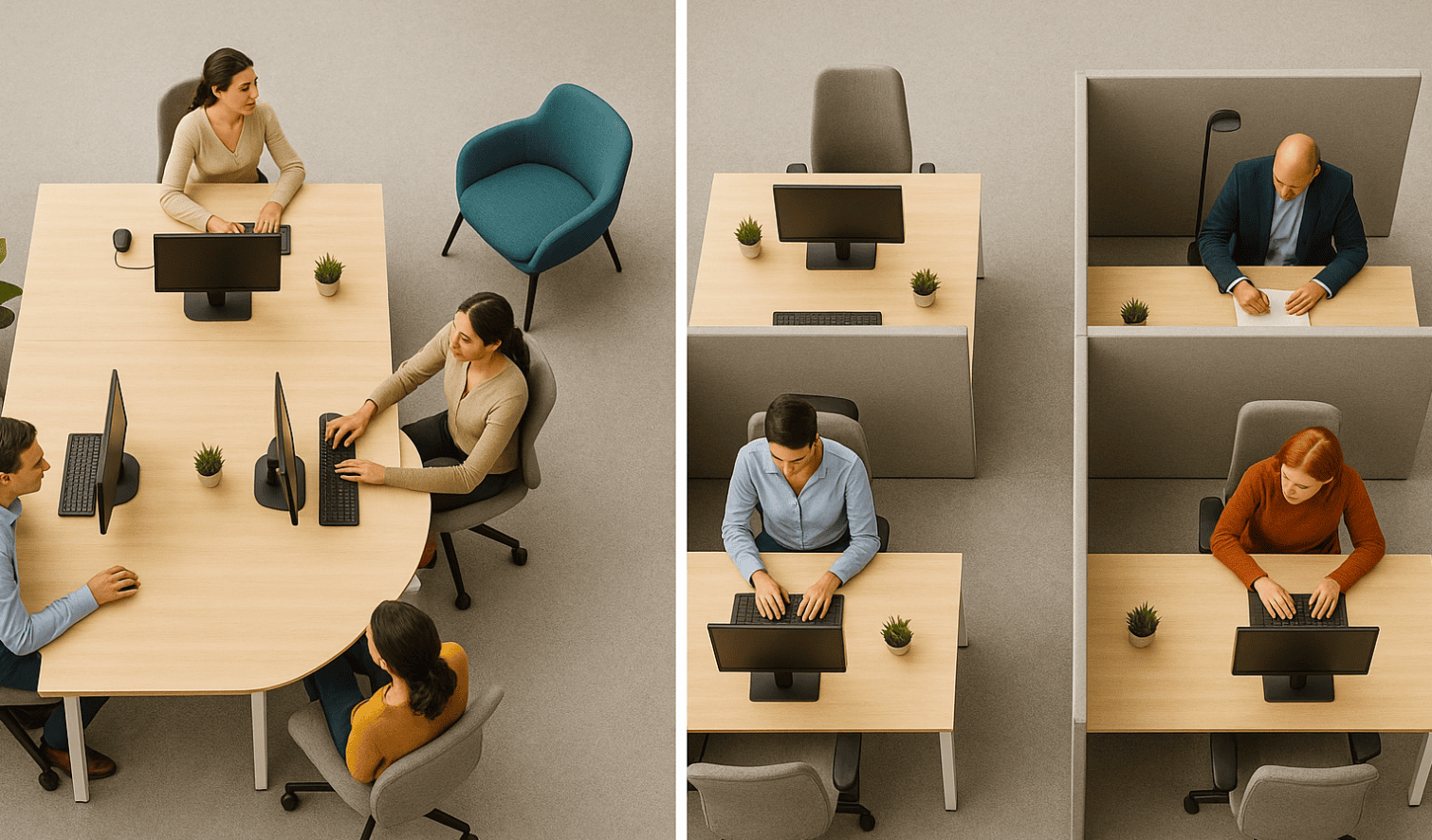 Efficient office layout promoting teamwork and focus with ergonomic furniture and organized desks.