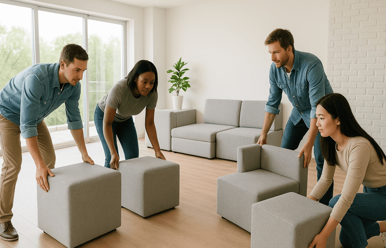 Team arranging modular office furniture for optimal workspace layout.