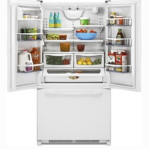 Refrigerator with open doors displaying organized interior storage for fresh food and beverages.