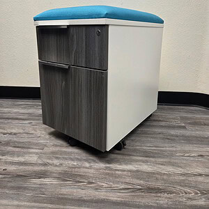 OFS Driftwood & White Blue Cushion Top Mobile Ped for healthcare and office use. Stylish, mobile, an.