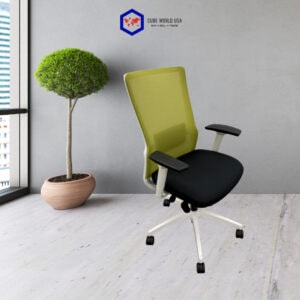 Adjustable office chair in green and black with ergonomic design and armrests. Perfect for modern wo.