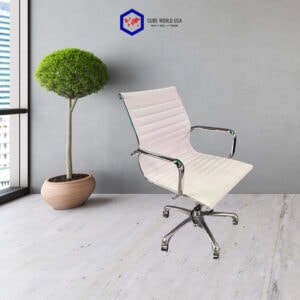 Herman Miller Eames styled chrome base chair with white upholstery, modern office decor.