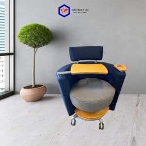 Haworth Hello lounge chair with tablet arm and cup holder, navy blue seat, grey cushion, casters for.