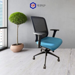 OFS ocean blue office chair with black backrest, fully loaded with lumbar support for ergonomic comf.
