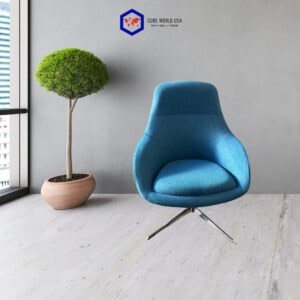 Modern blue swivel lounge chair with chrome base in stylish office setting.