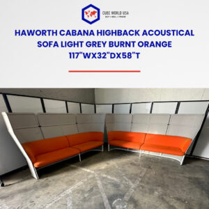 Haworth Cabana highback acoustical sofa in light grey with burnt orange cushions, ideal for modern o.