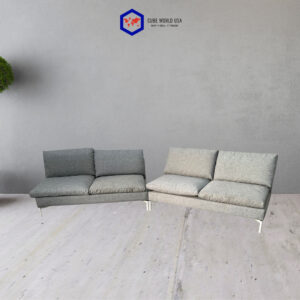 Light grey OFS love bench seat, 60-inch width, perfect for modern outdoor or indoor seating. Durable.
