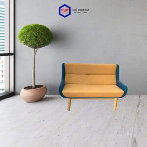 Modern teal and gold love seat with wooden legs in stylish interior setting.
