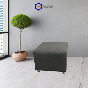 Modern grey ottoman with chrome legs, 30"Wx24"Dx18"T, in contemporary interior setting.