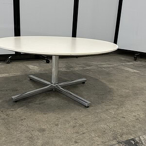 Herman Miller Everywhere table with a white top and chrome base, 30-inch width, ideal for modern off.