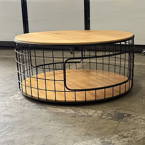 Maple and black metal round side table, 32-inch wide and 15-inch tall, perfect for living room or of.