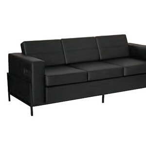 Black leather plush sofa with USB & USB-C ports for convenience.