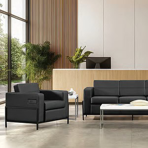 Black leather plush club chair, love seat & sofa with USB charging ports.
