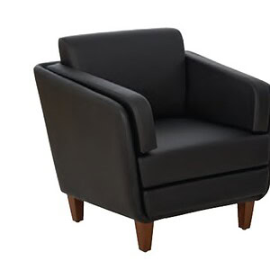 Black leather club chair with medium oak legs, stylish and comfortable for home or office decor.