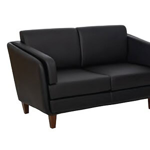 Black Leather Love Seat with Oak Wood Legs for Modern Living Rooms.