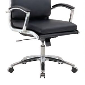 Office mid back leather chair with chrome base, padded armrests, and adjustable height in grey, blac.