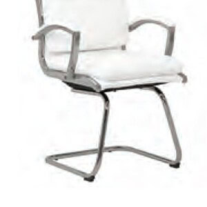 OFS sled chair featuring leather padding, chrome base, and armrests, ideal for office or lounge sett.