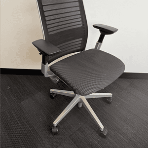 Ergonomic office chair with black mesh back and gray fabric seat for comfort.