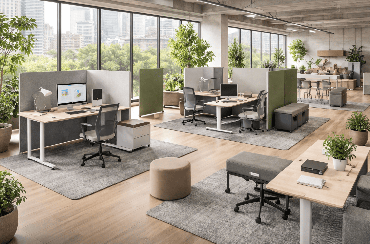 Flexible modular office workstations for adaptable, efficient workspaces.