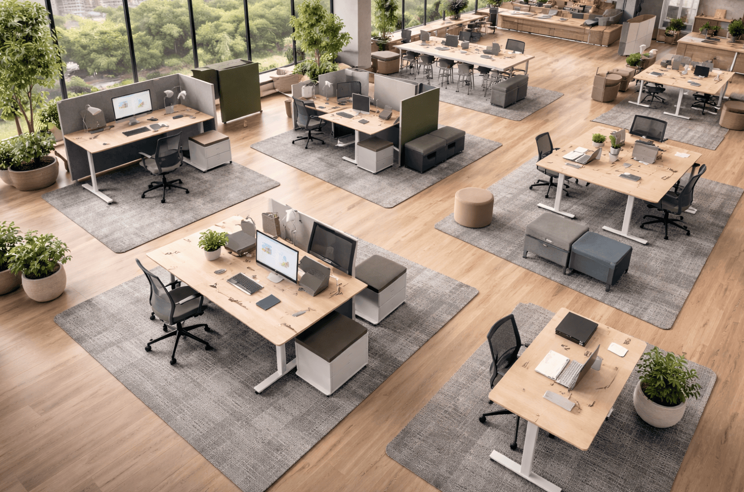 Ergonomic office desks with adjustable height and supportive chairs in a bright, open-plan workspace.