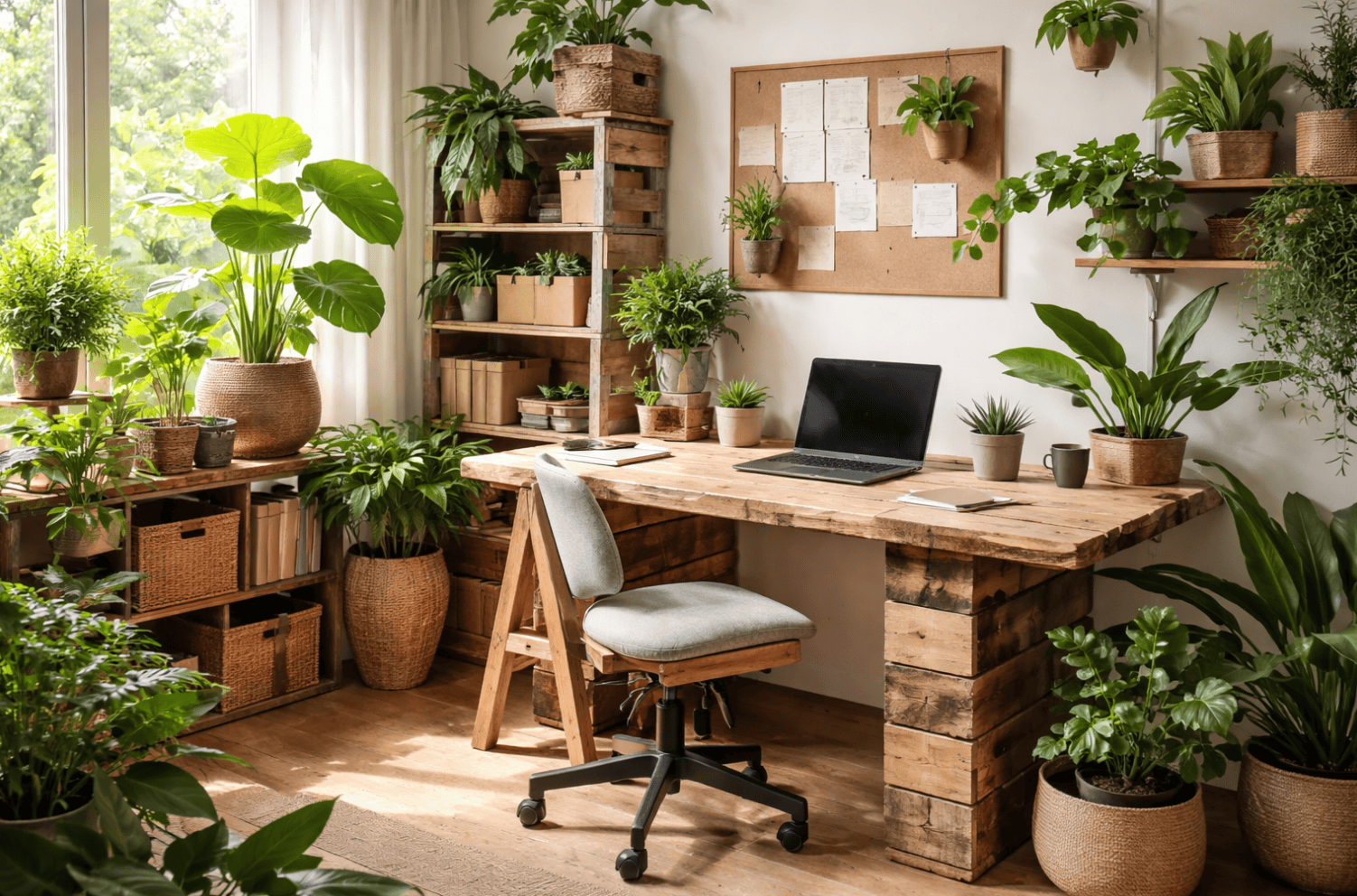 Eco-friendly office with wooden furniture and abundant indoor plants for sustainable workspaces.