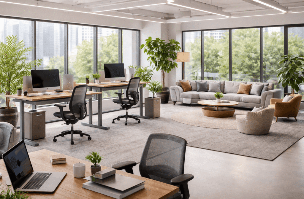 Ergonomic office furniture in a bright, modern workspace promoting employee wellness and productivit.