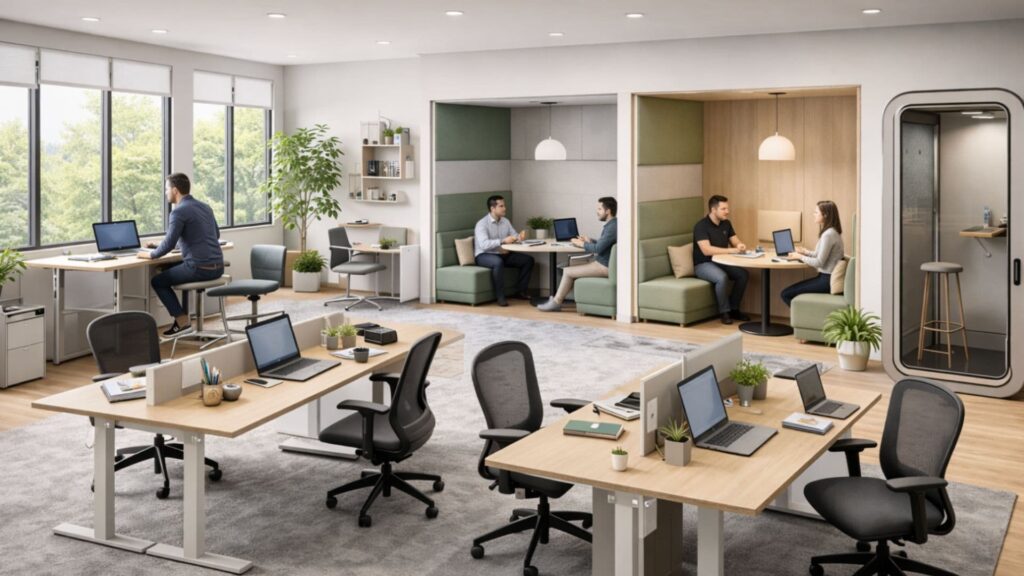 Office furniture solutions supporting hybrid work schedules and employee productivity.