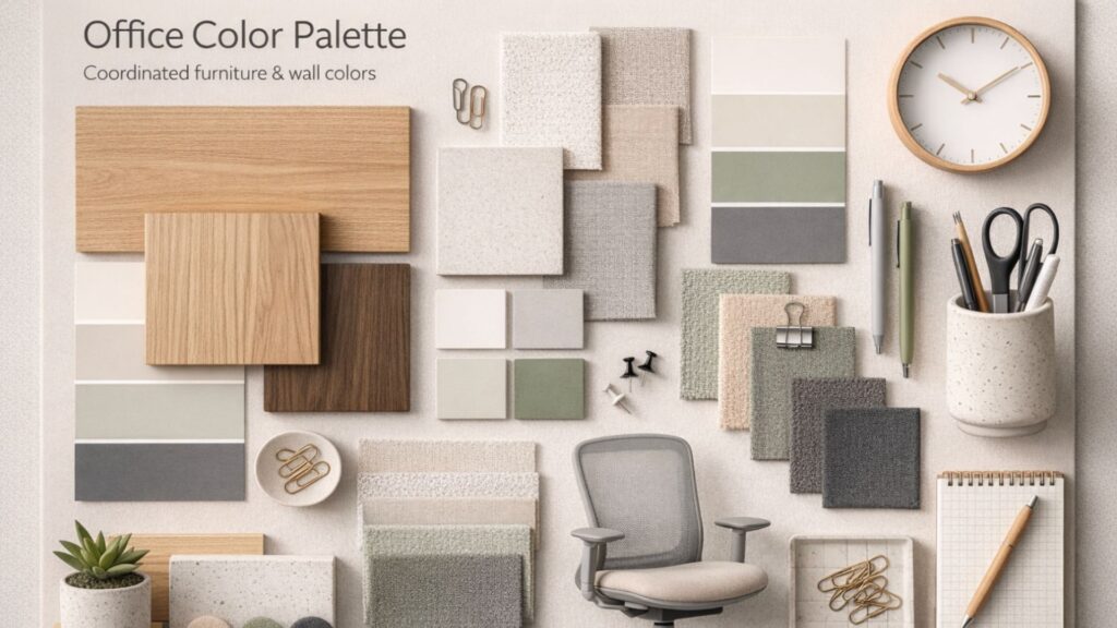 Office interior color palette with furniture and wall color samples.