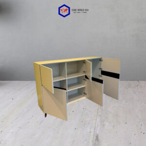 Credenza with multiple drawers, white finish, and modern design for office or home storage solutions.
