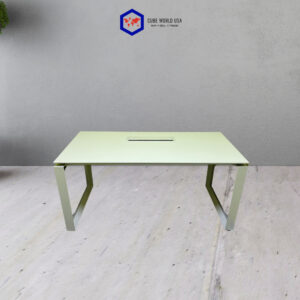 Modern white office desk with I-shape and O-leg design, ideal for workspace.